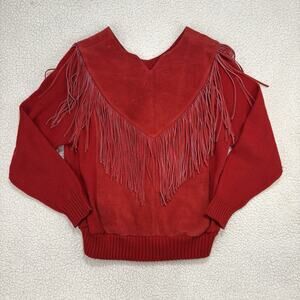 Vintage PIONEER WEAR Red Fringe Suede Leather Sweater Jacket Womens XL Pullover